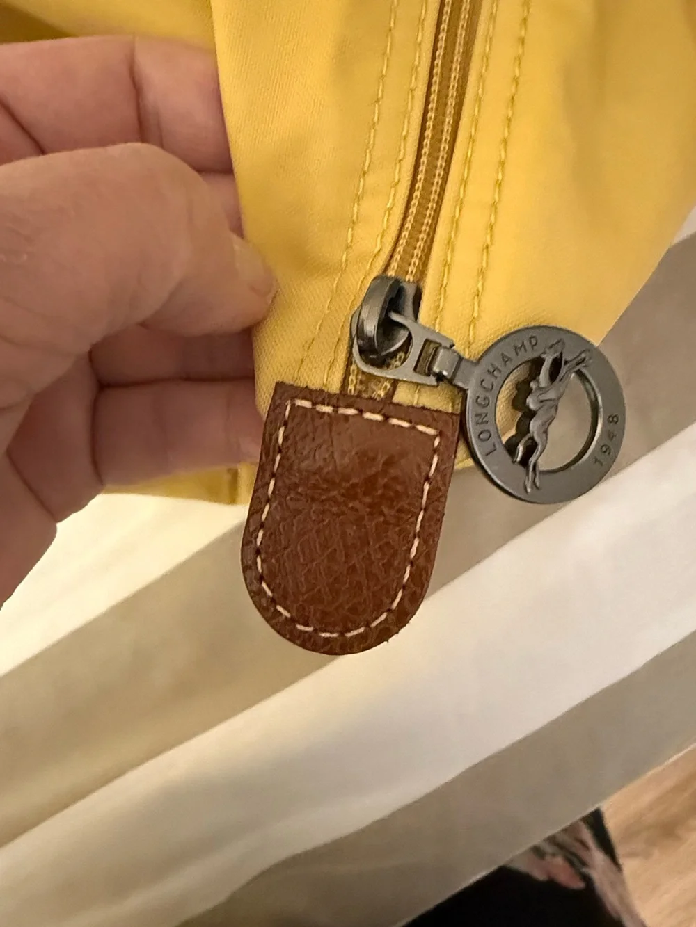 Longchamp Nylon Tote in Mustard Yellow with Brown Leather Trim